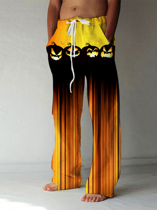 Men's Halloween pumpkin gradient casual elastic waist pants front view costume