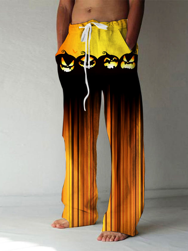 Men's Halloween pumpkin gradient casual elastic waist pants front view costume