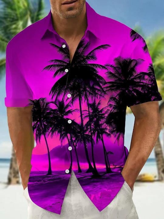 Men's coconut tree Hawaiian print short sleeve shirt front view tropical beach vacation