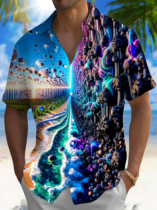 Men's blue abstract print Hawaiian short sleeve shirt front view for beach vacation