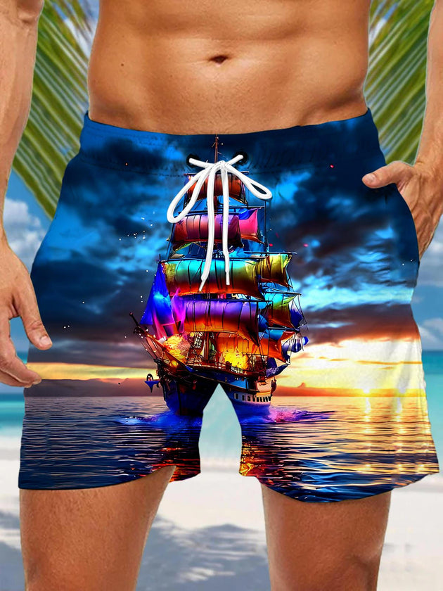 Men's Hawaiian print casual shorts front view for tropical beach vacation