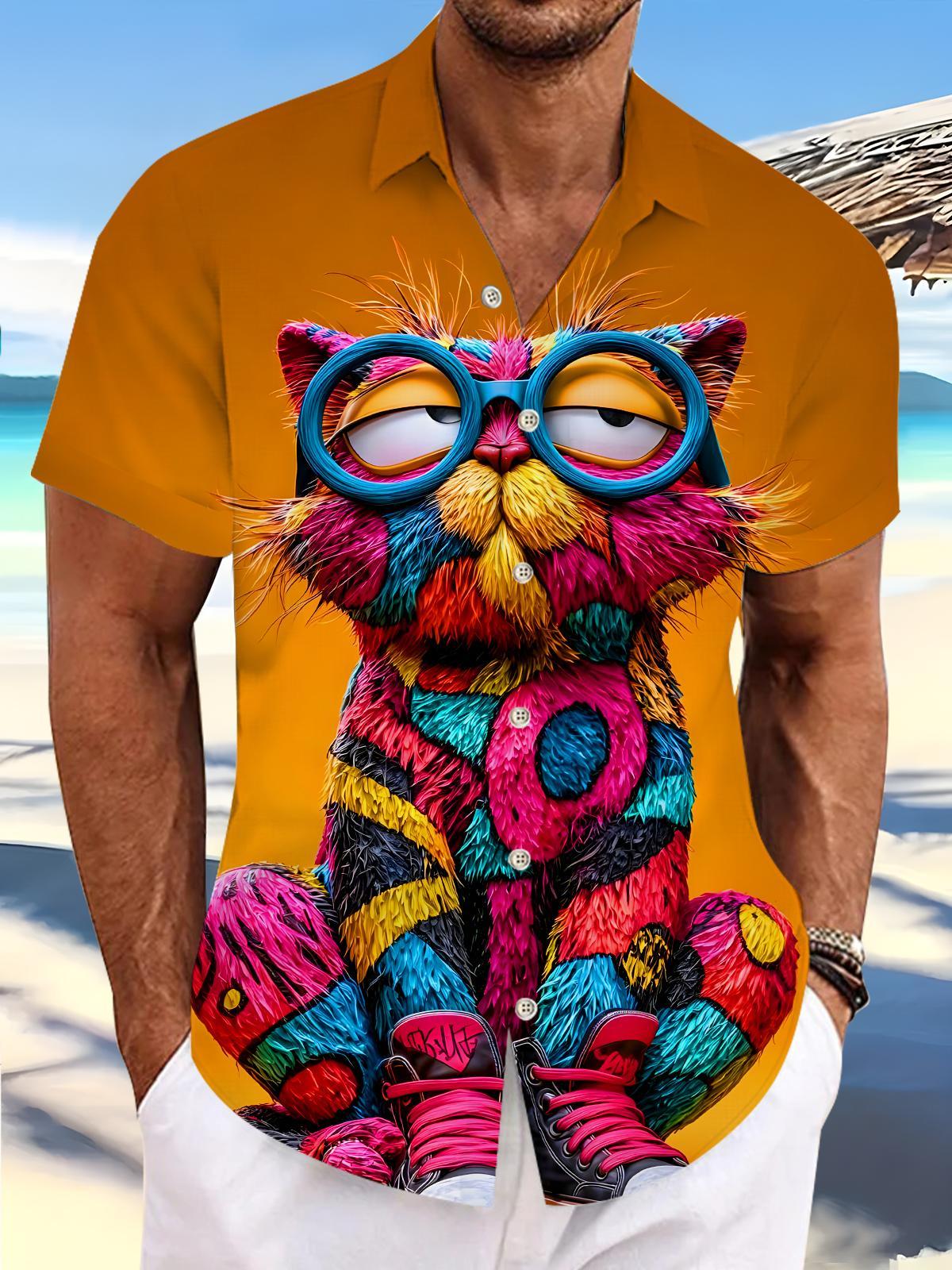 men's colorful cat print shirt front view