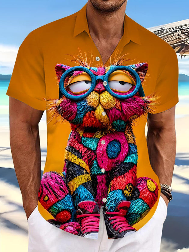 men's colorful cat print shirt front view