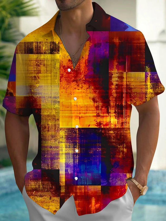 men's short sleeve geometric print pocket shirt front view