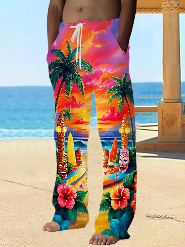Men's Hawaiian Coconut Tree Tiki front view casual elastic waist pants for tropical beach vacation