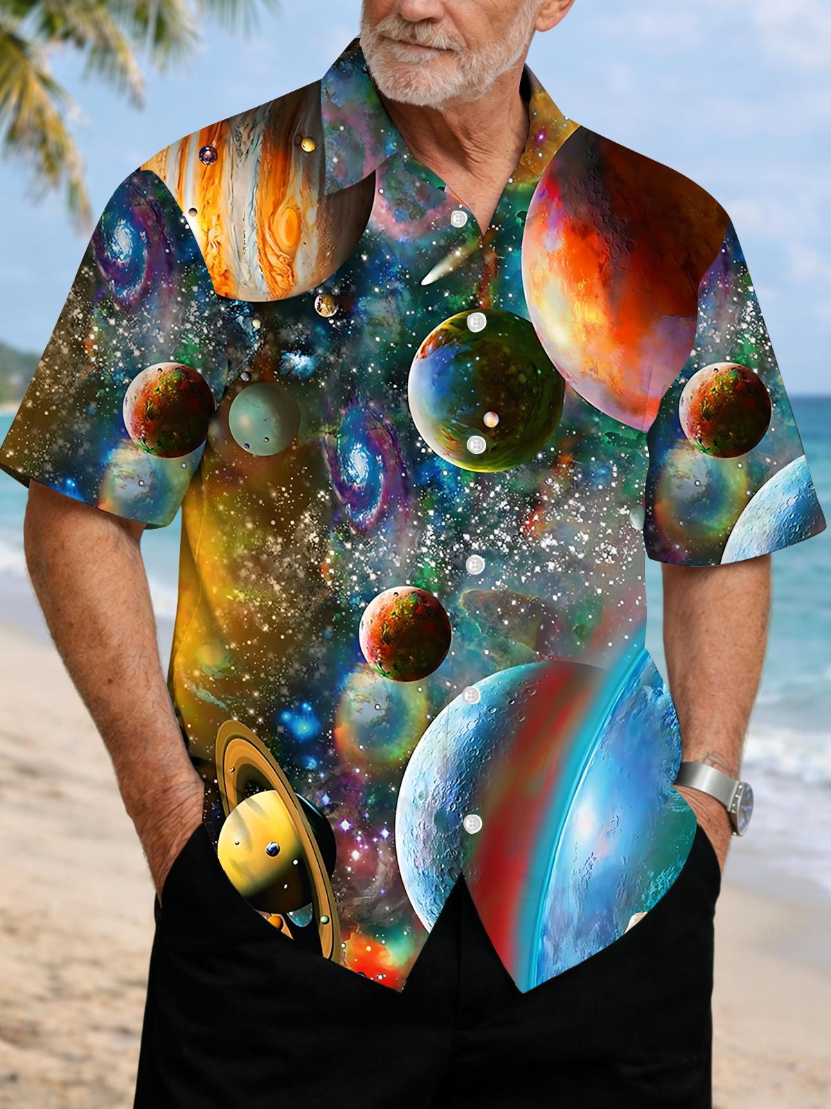 Cosmic Planet Print Men's Pocket Short Sleeve Shirts