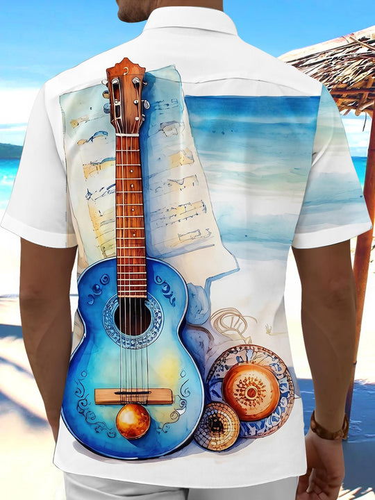 Watercolor Guitar Sheet Music Vacation Men's Pocket Short Sleeve Shirts
