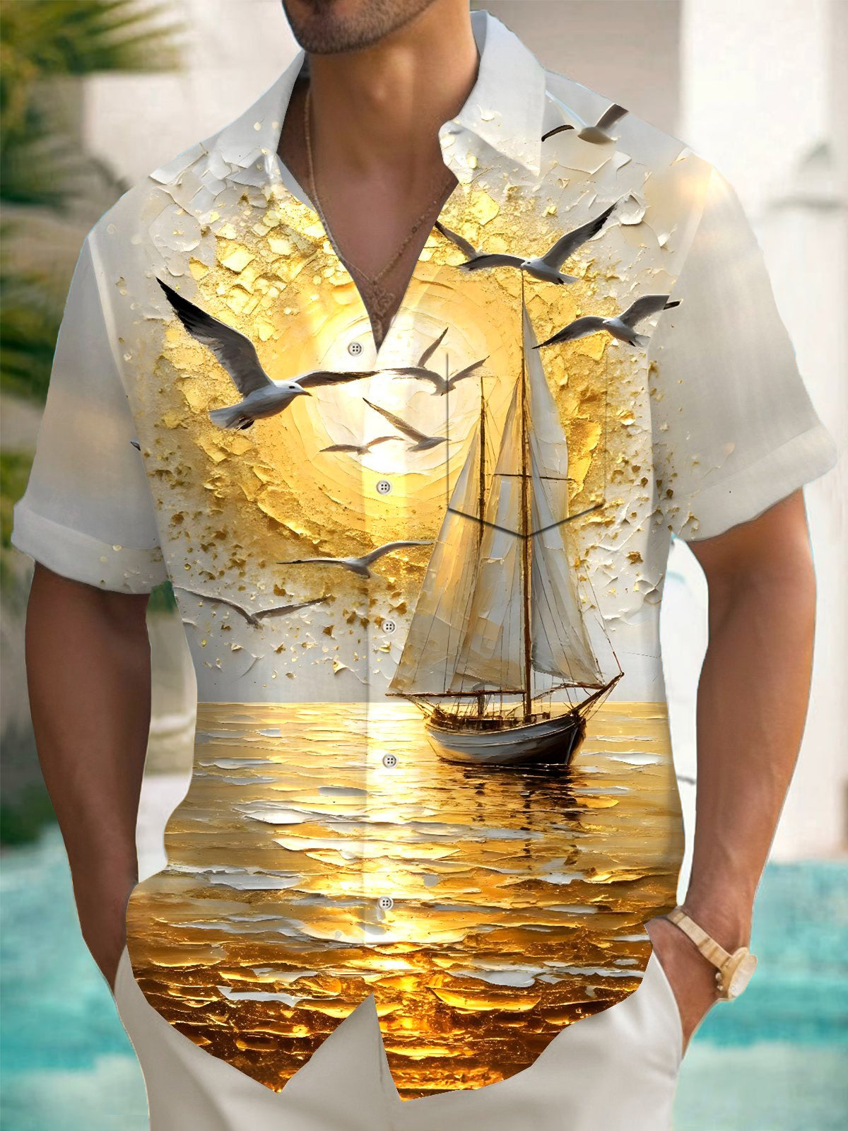 Gold Ocean Sunset Sailboat Print Men's Pocket Short Sleeve Shirts