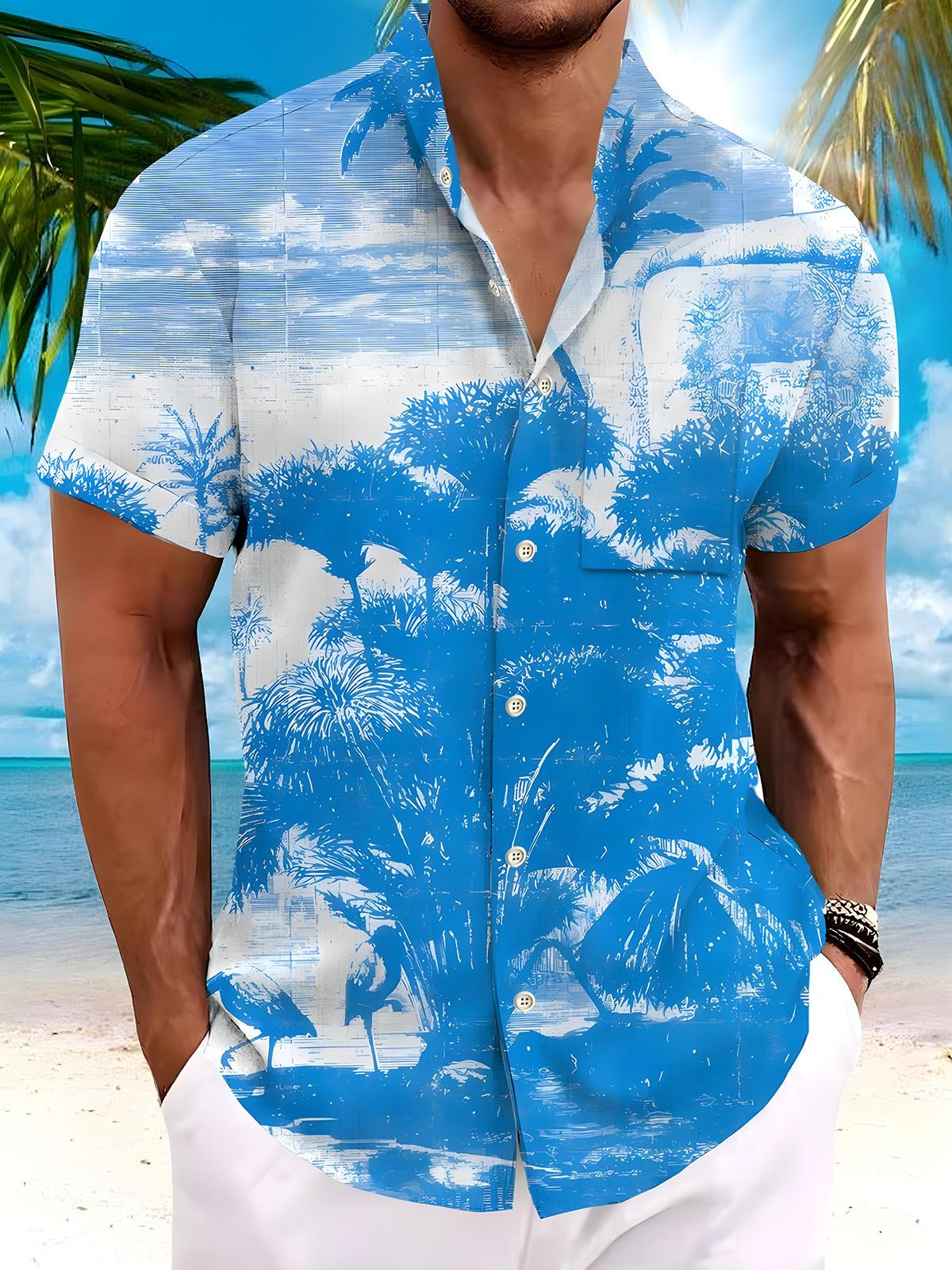 Hawaiian Men's Pocket Short Sleeve Stand Collar Shirts