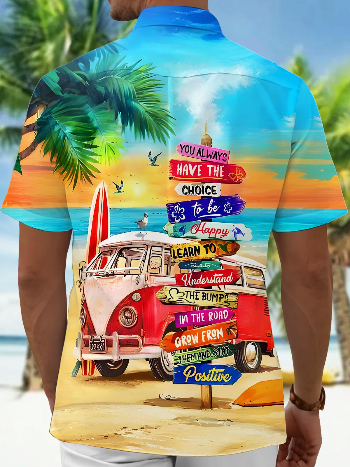 Hawaii Palm Trees Fun Cars Road Signs Men's Pocket Short Sleeve Shirts