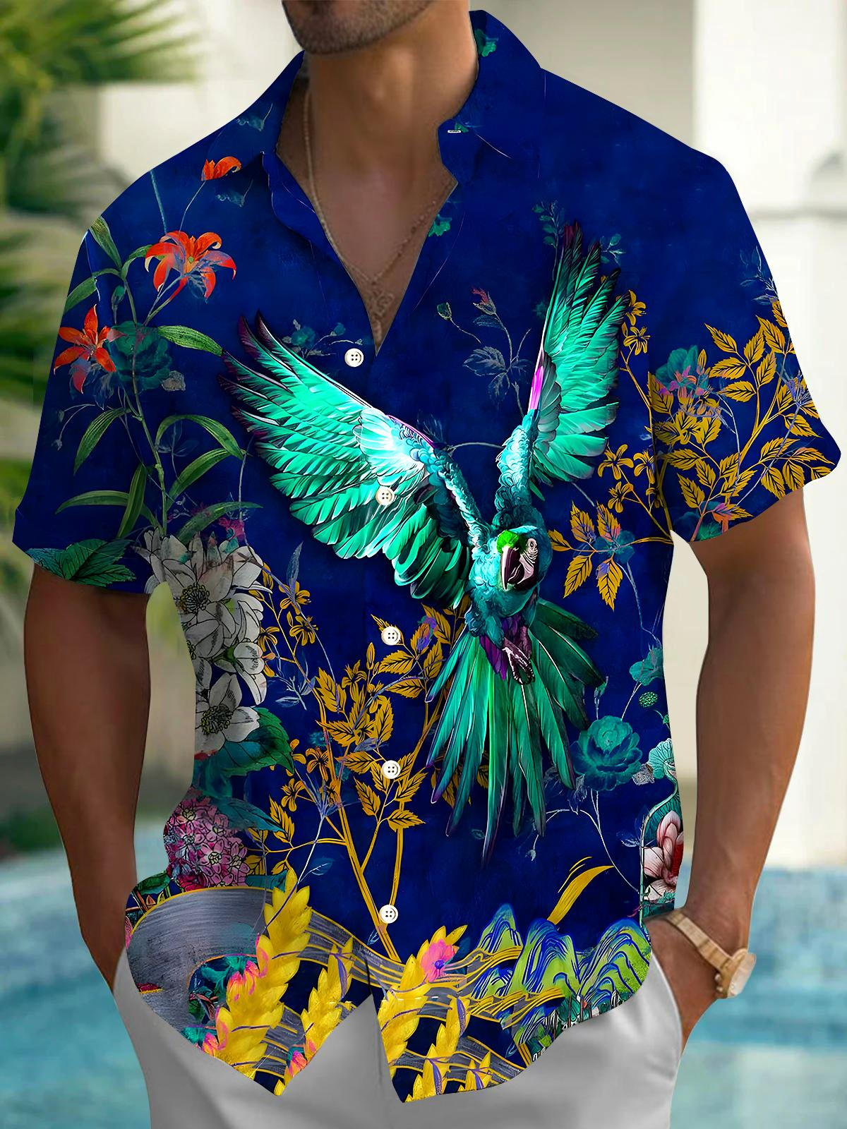 Hawaiian Parrot Floral Men's Pocket Short Sleeve Shirts