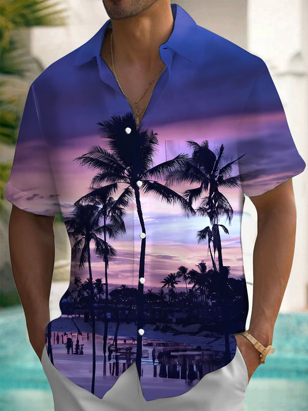 Men's Hawaiian coconut tree print pocket short sleeve shirt front view tropical beach vacation