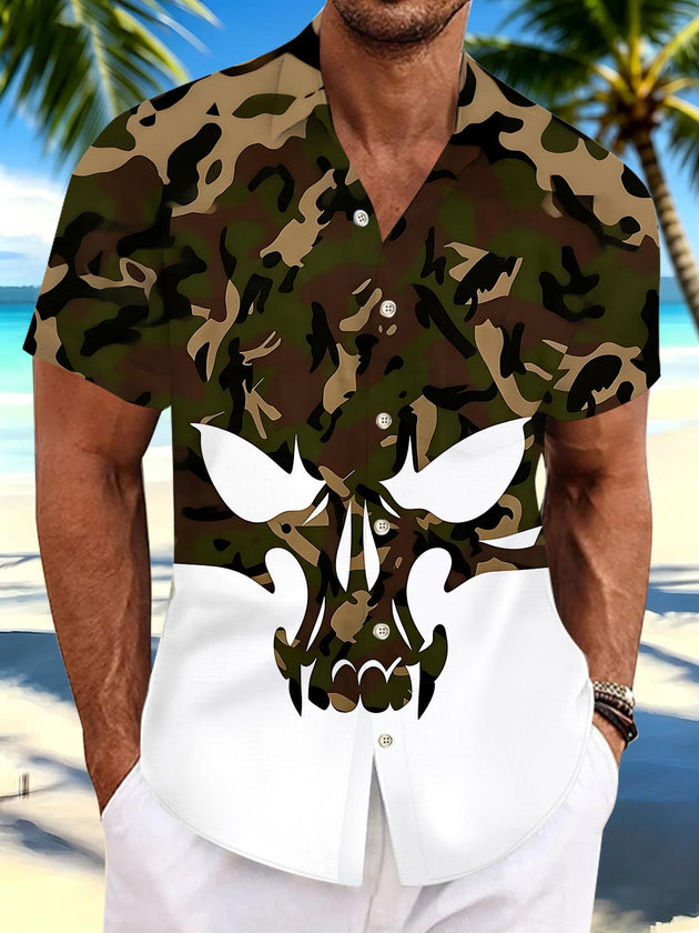 Camouflaged Skull Men's Pocket Short Sleeve Shirts