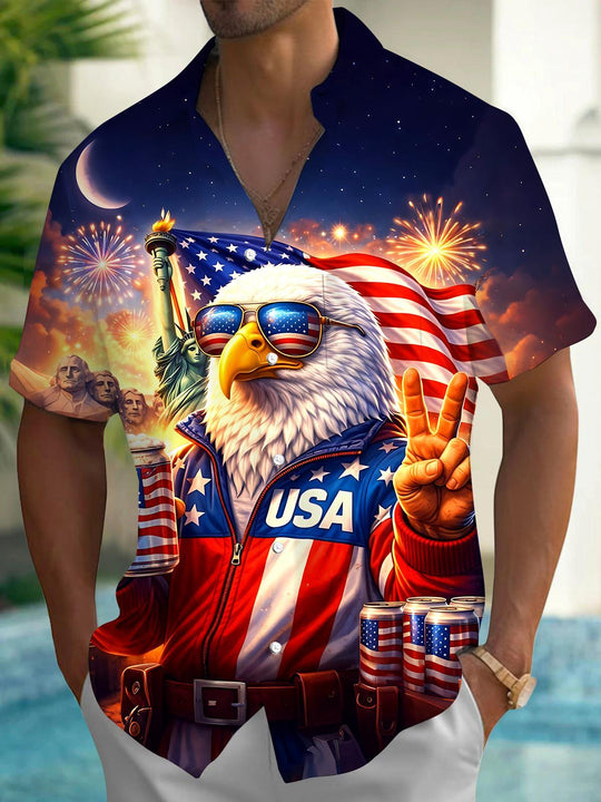 Independence American Flag Eagle Men's Pocket Short Sleeve Shirts