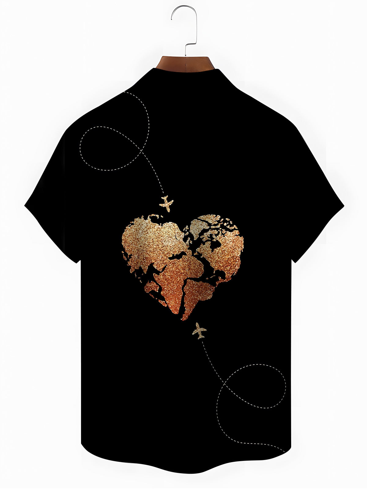 Heart Map Plane Print Men's Pocket Short Sleeve Shirts