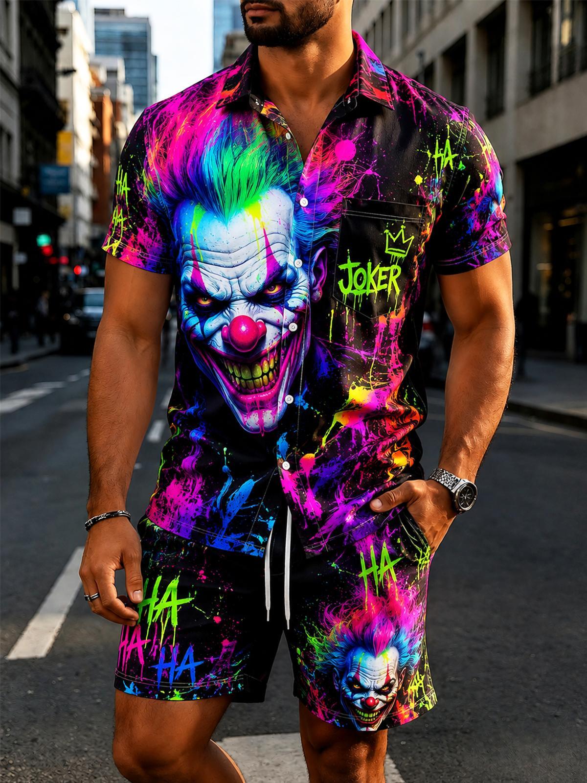 Neon Colorful Joker Graffiti Men's Short Sleeve Pocket Shirts And Shorts Set