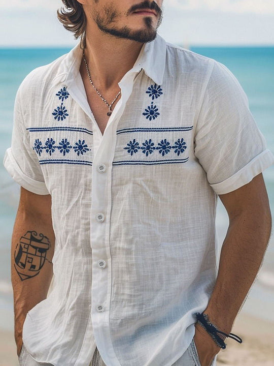 Men's Hawaiian floral short sleeve shirt front view for tropical beach vacation