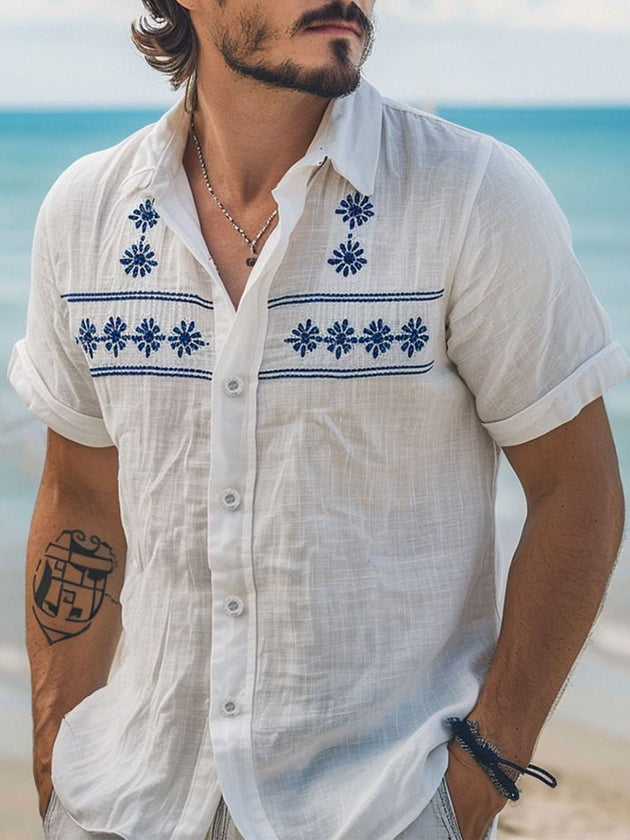 Men's Hawaiian floral short sleeve shirt front view for tropical beach vacation
