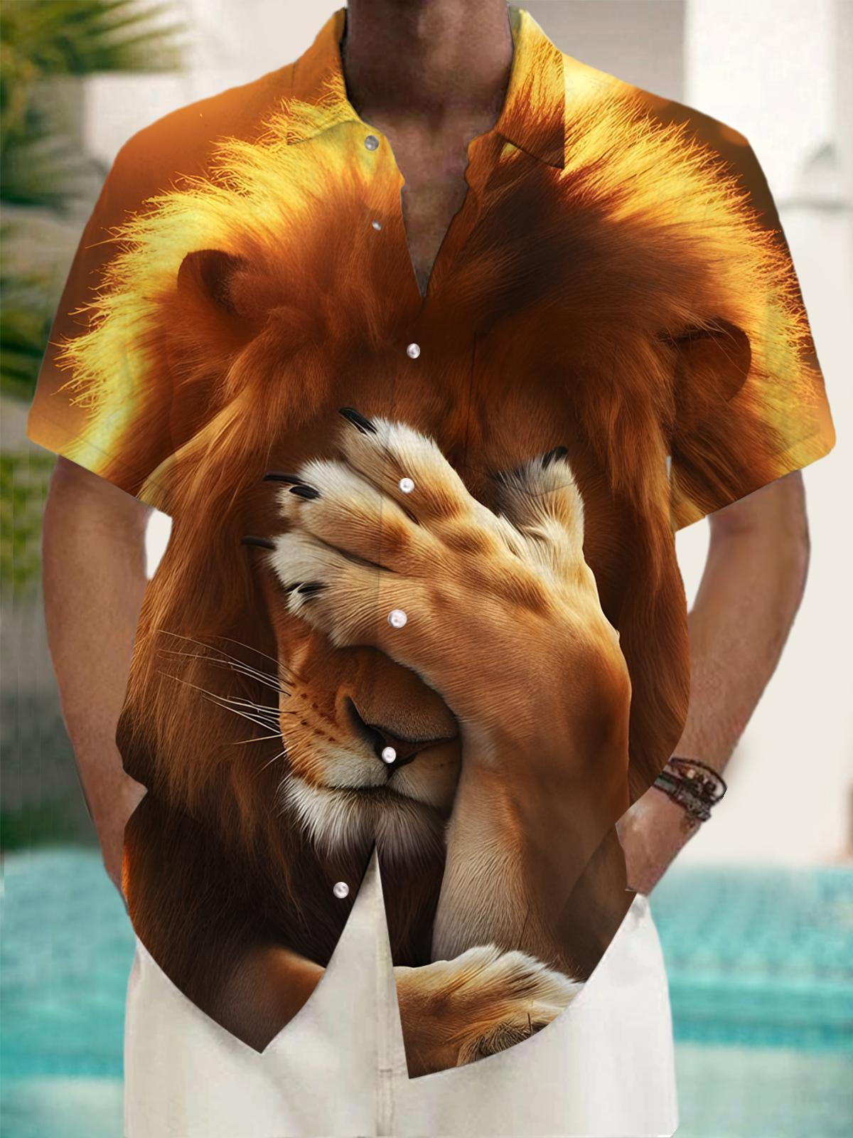 Lion Print Men's Pocket Short Sleeve Shirts