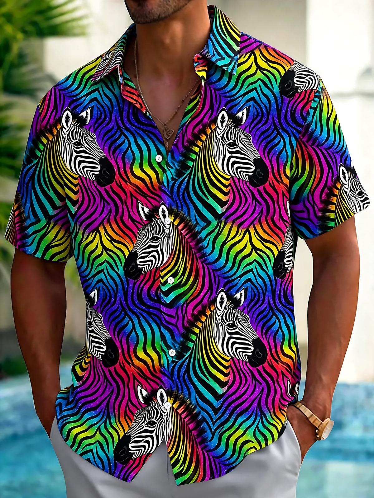 Colorful Zebra Print Men's Pocket Short Sleeve Shirts