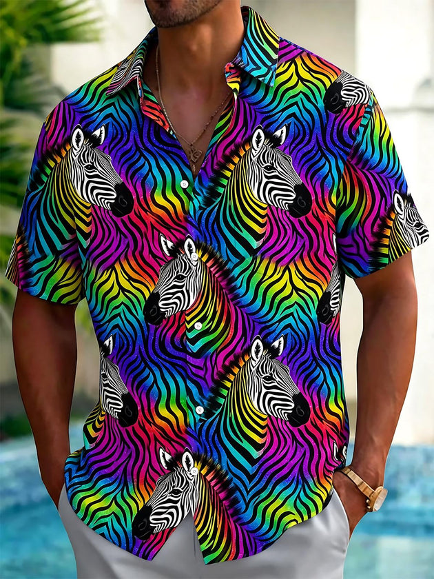 Colorful Zebra Print Men's Pocket Short Sleeve Shirts