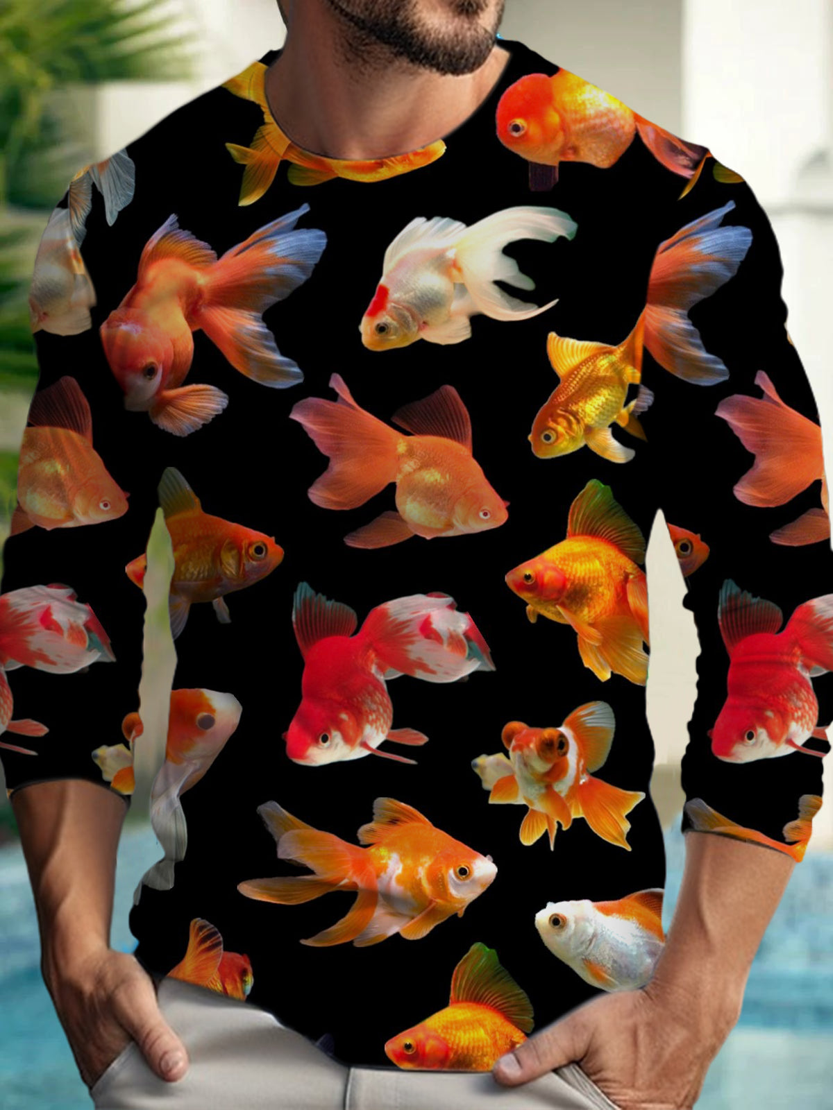 Goldfish Print Men's Long Sleeve Round Neck T-Shirt