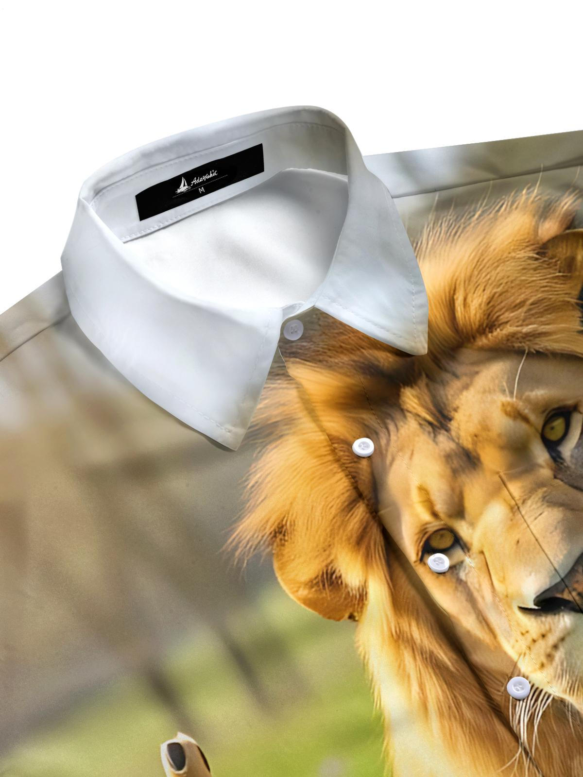 Animal Lion Print Men's Pocket Short Sleeve Shirts