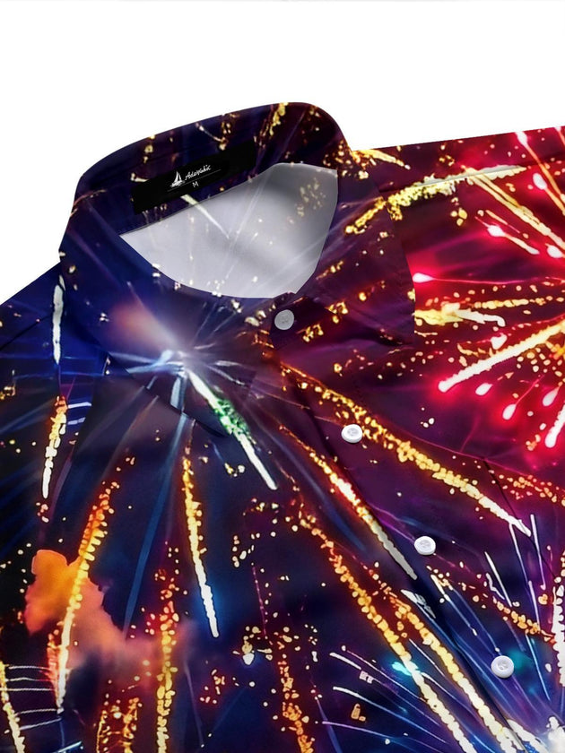 America Independence Day Colorful Fireworks Flag Men's Pocket Short Sleeve Shirts