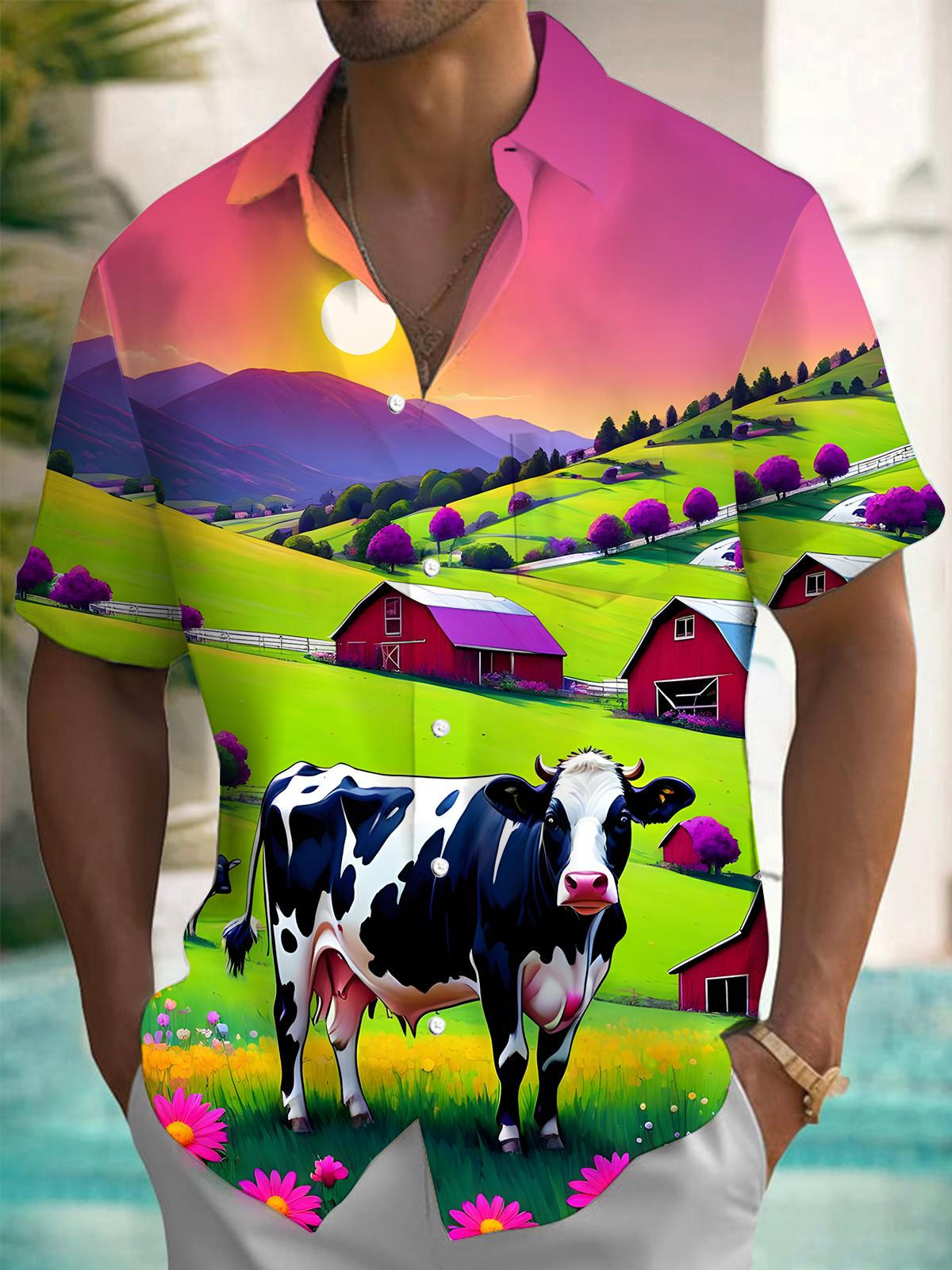 Cow Landscape Print Men's Pocket Short Sleeve Shirts