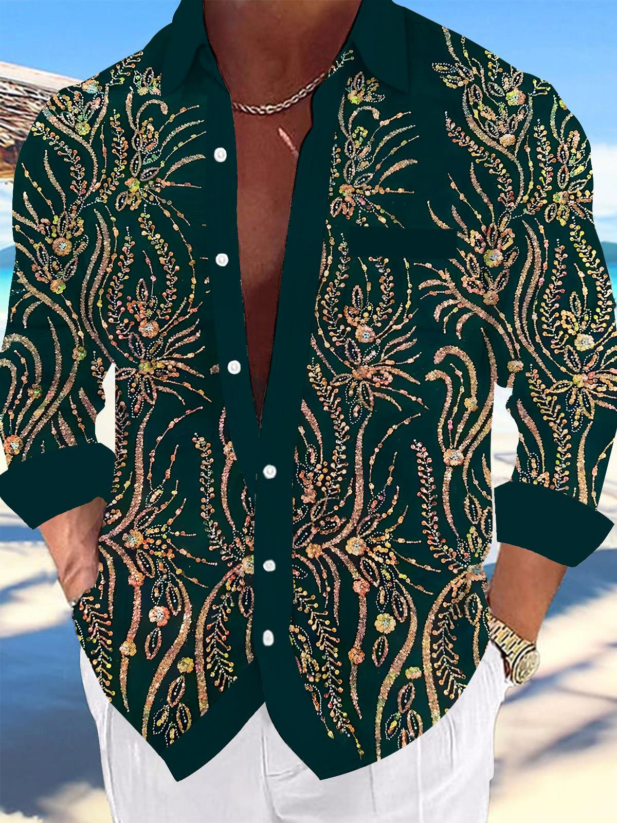 Sparkling Floral Leaves Men's Pocket Long Sleeve Shirts