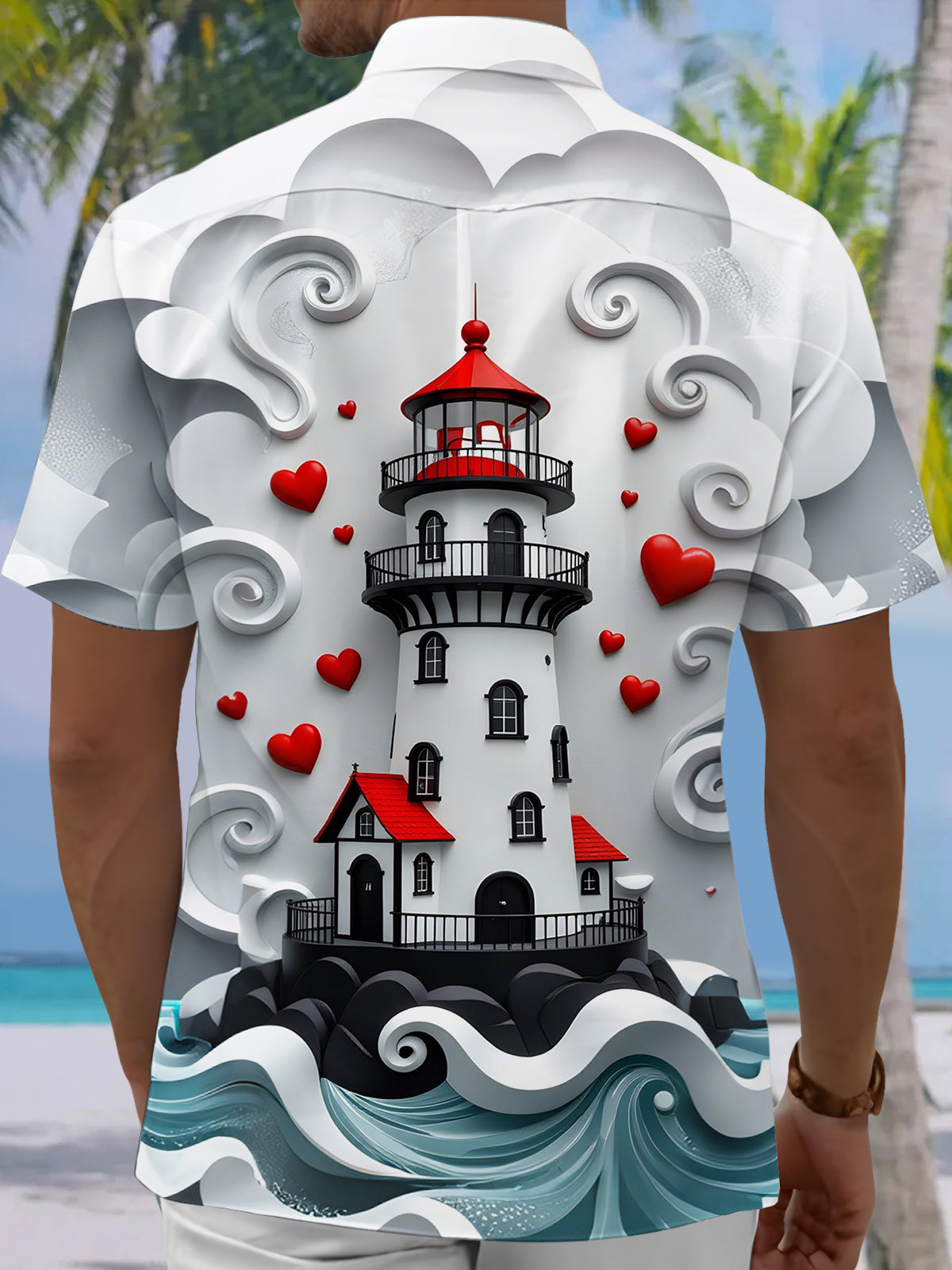 Lighthouse Heart Print Men's Pocket Short Sleeve Shirts