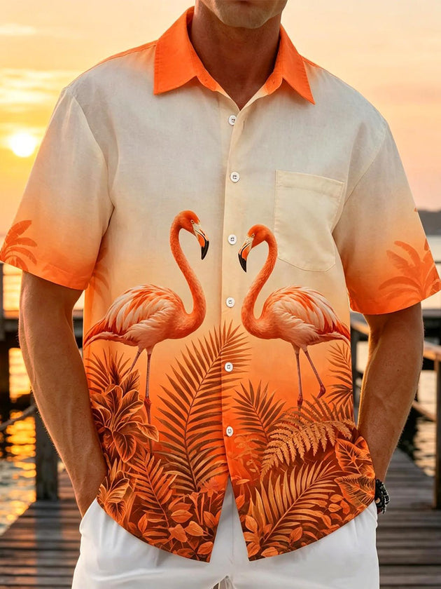 Hawaiian Tropical Sunset Gradient Flamingo Men's Pocket Short Sleeve Shirts