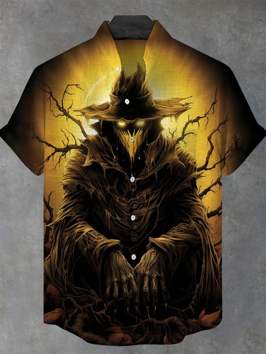 Men's Black Raven Plague Doctor short sleeve shirt front view for Halloween costume