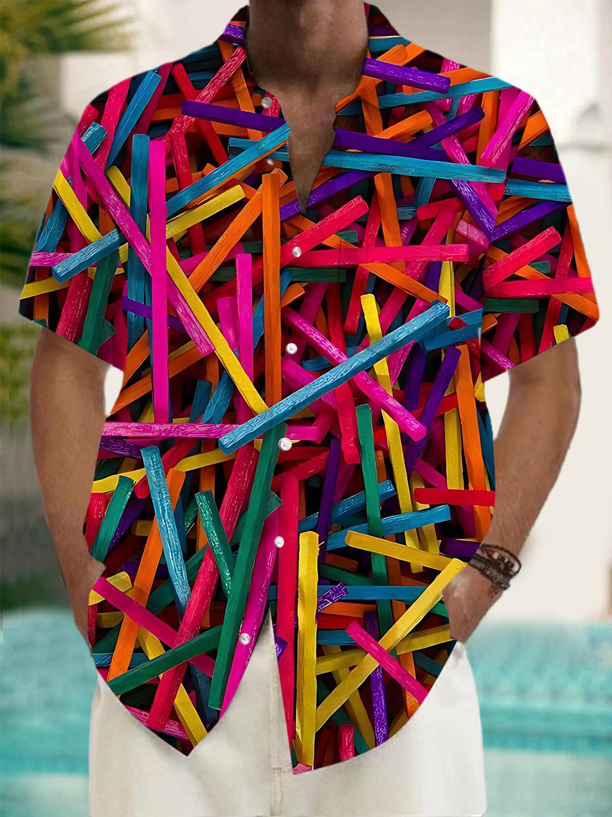 Colorful Wooden Stick Print Men's Pocket Short Sleeve Shirts