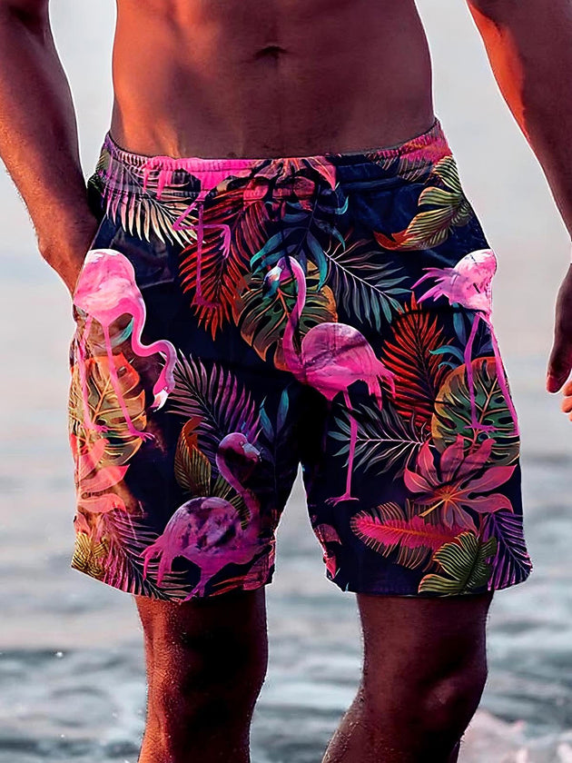 Men's flamingo print casual shorts front view