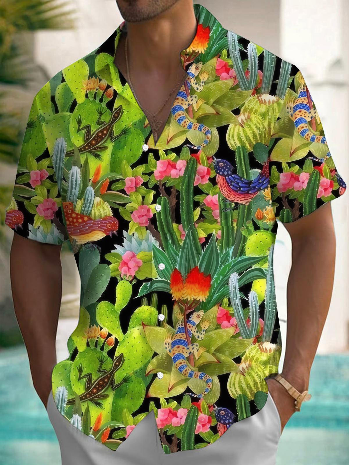 Plant Lizard Print Men's Pocket Short Sleeve Shirts