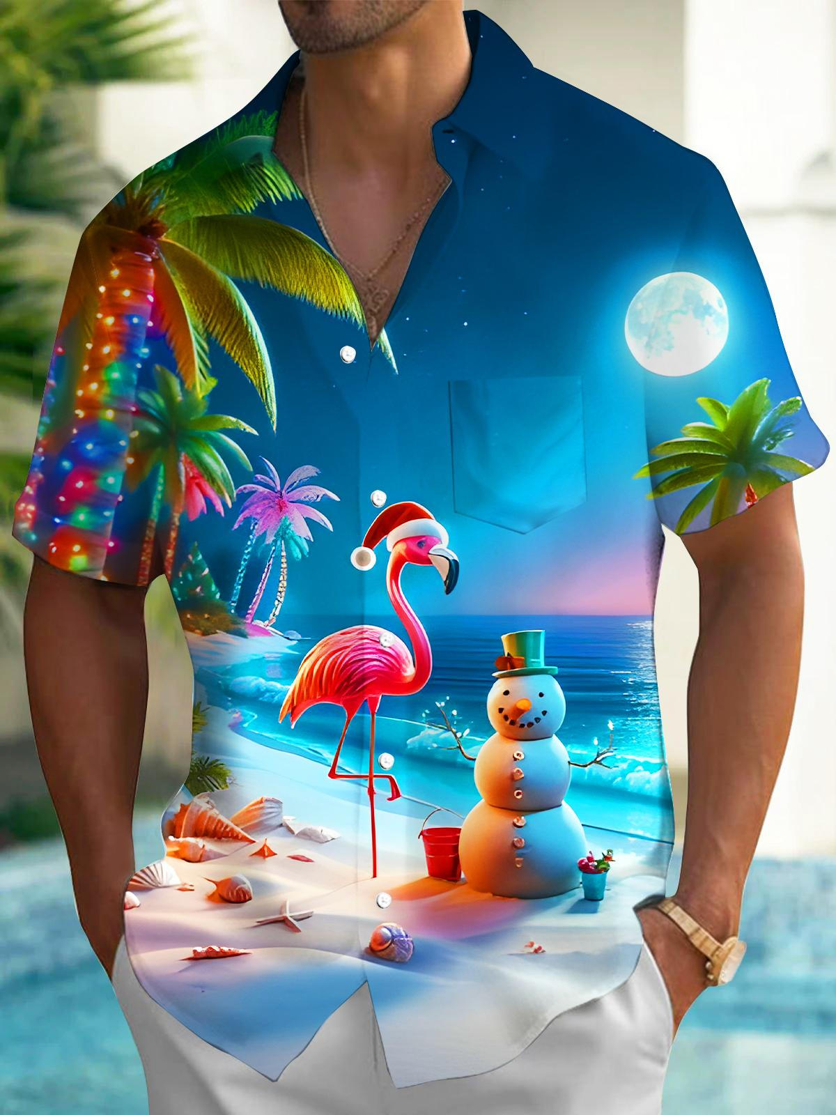 Fun Coconut Tree Flamingo Snowman Beach Xmas Men's Pocket Short Sleeve Shirts