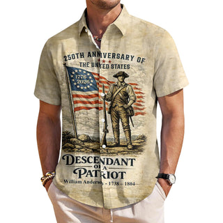 Men's red white blue American flag Hawaiian shirt lifestyle shot at a summer vacation fireworks display, short sleeve