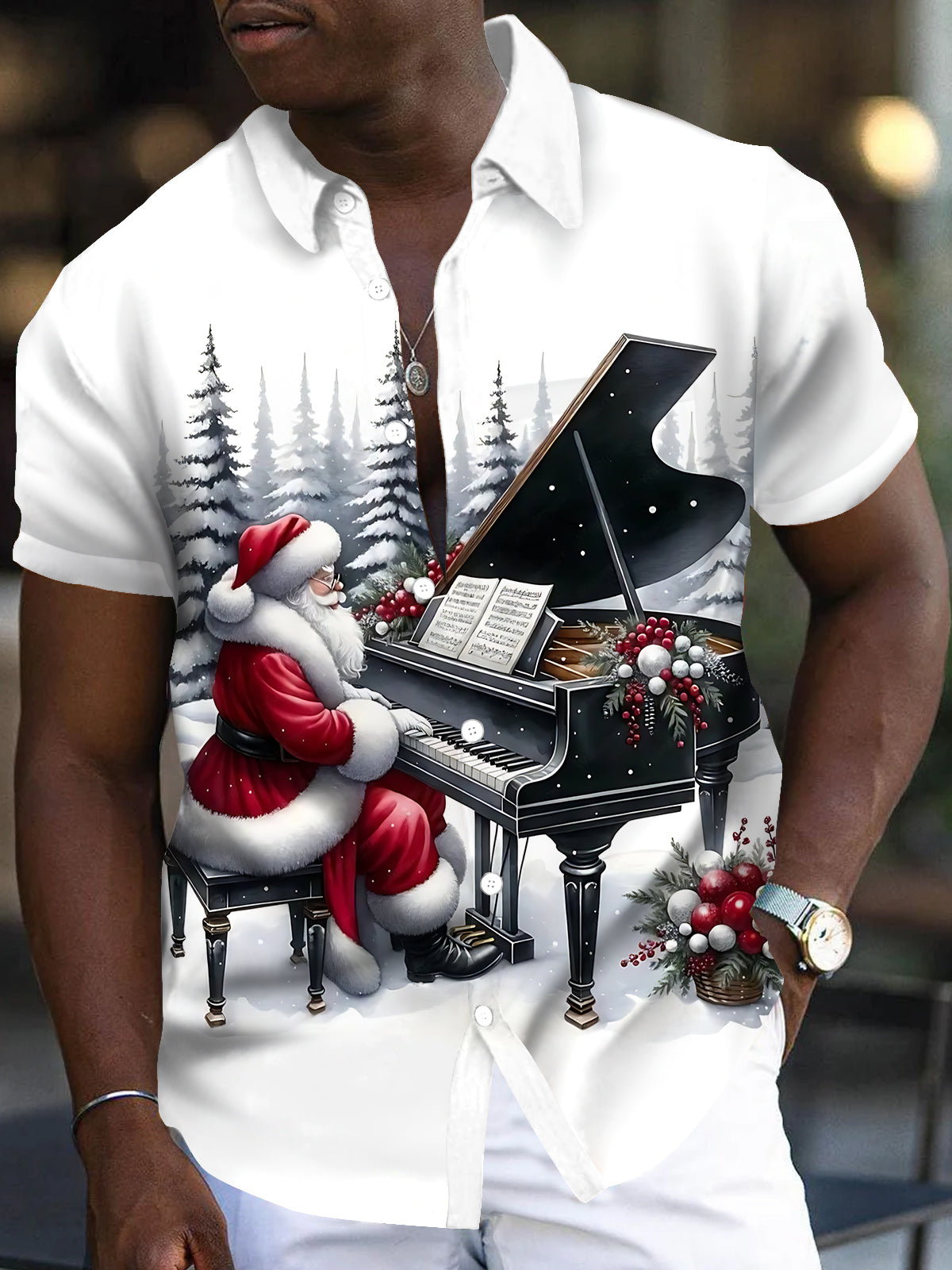 Santa Claus Piano Print Men's Pocket Short Sleeve Shirts