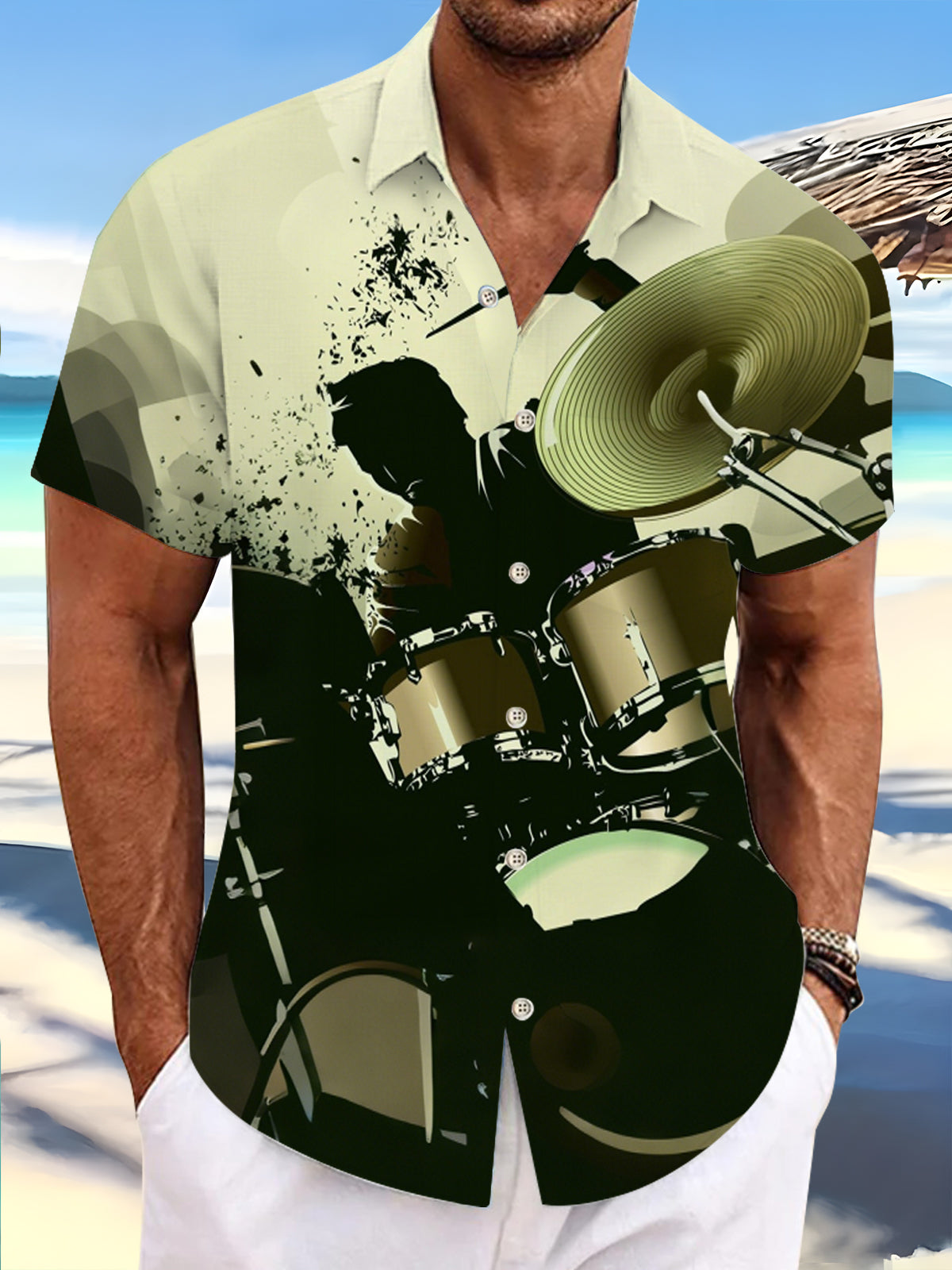 Music Drum Print Men's Pocket Short Sleeve Shirts