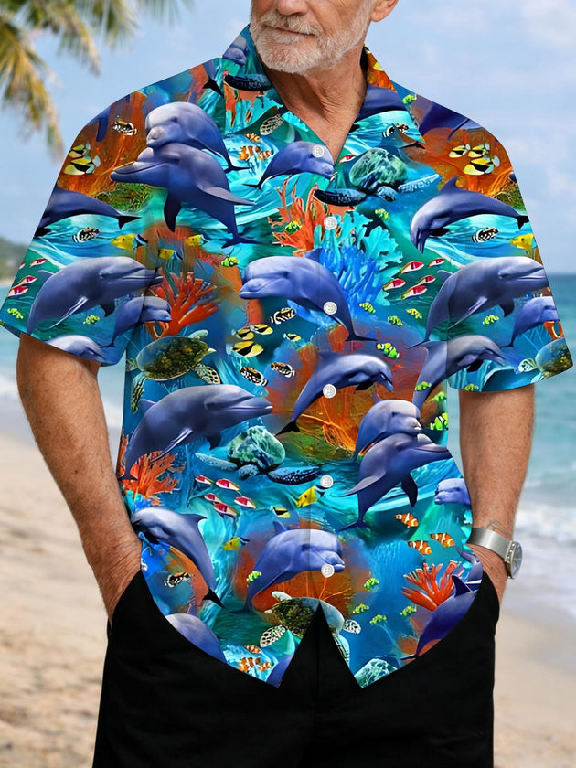 Men's blue dolphin print short sleeve shirt front view