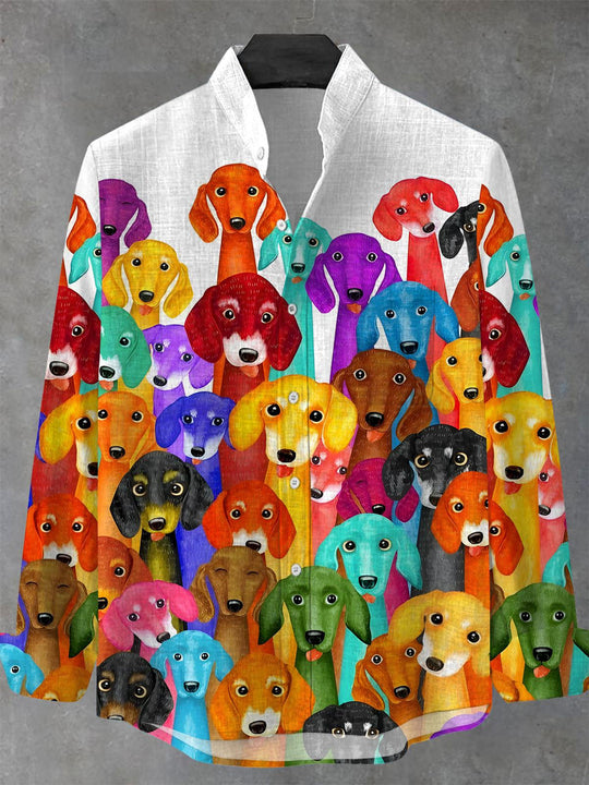 Men's animal dog pocket long sleeve stand collar shirt front view