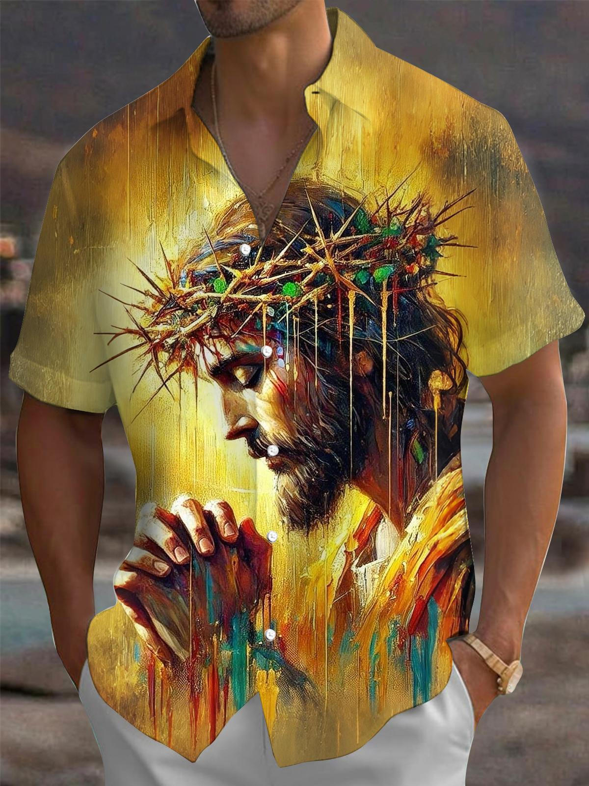 Christian Jesus Print Men's Pocket Short Sleeve Shirts