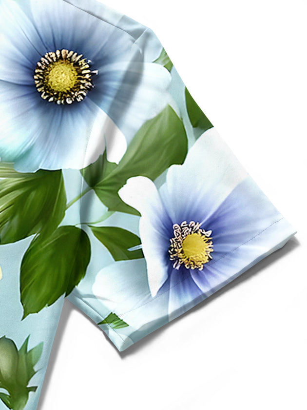 Men's floral Hawaiian short sleeve shirt pocket stitching detail close-up