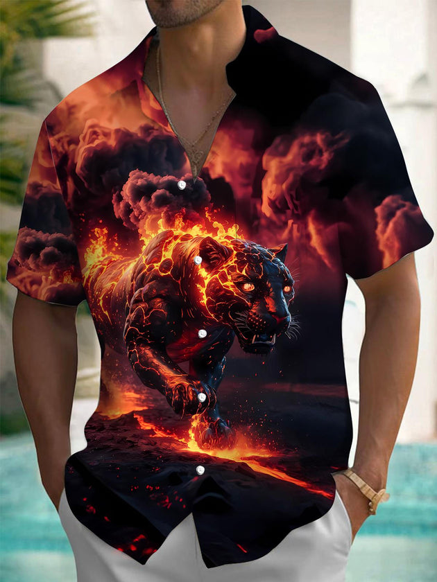 Men's tiger print pocket short sleeve shirt front view