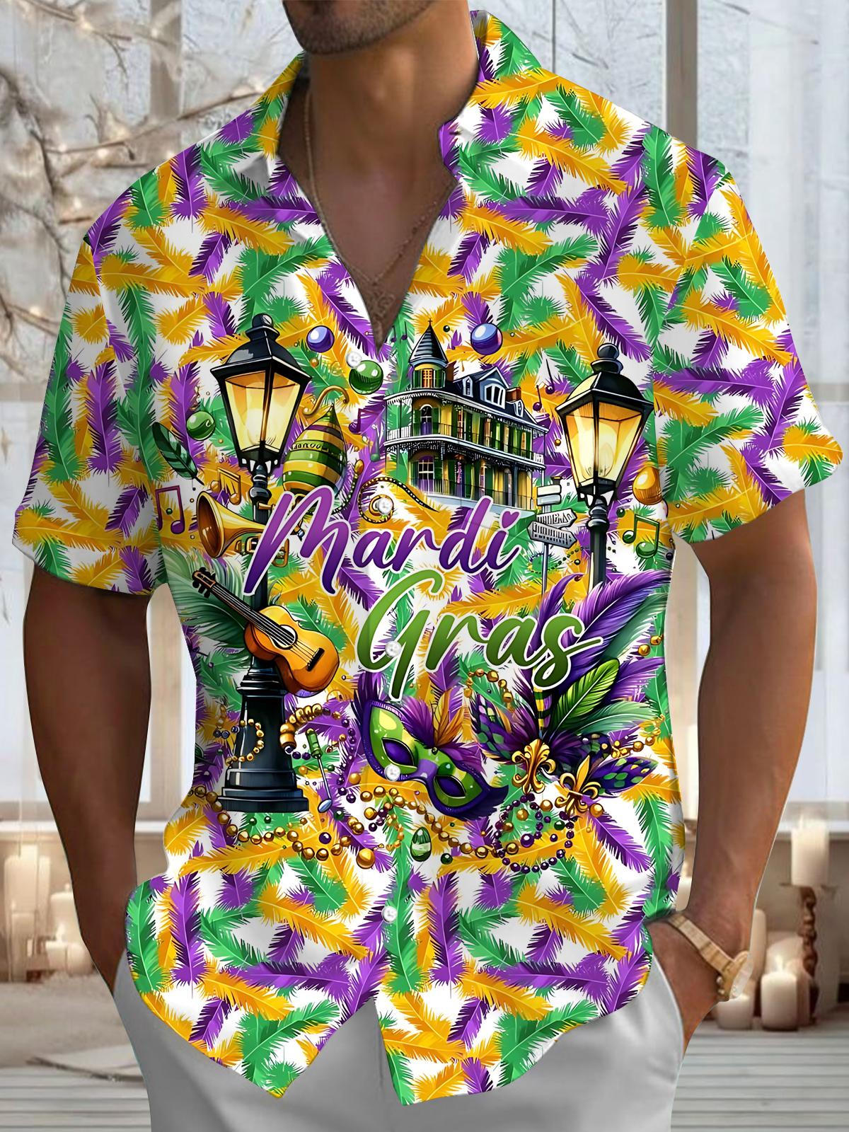 Mardi Gras Print Men's Pocket Short Sleeve Shirts