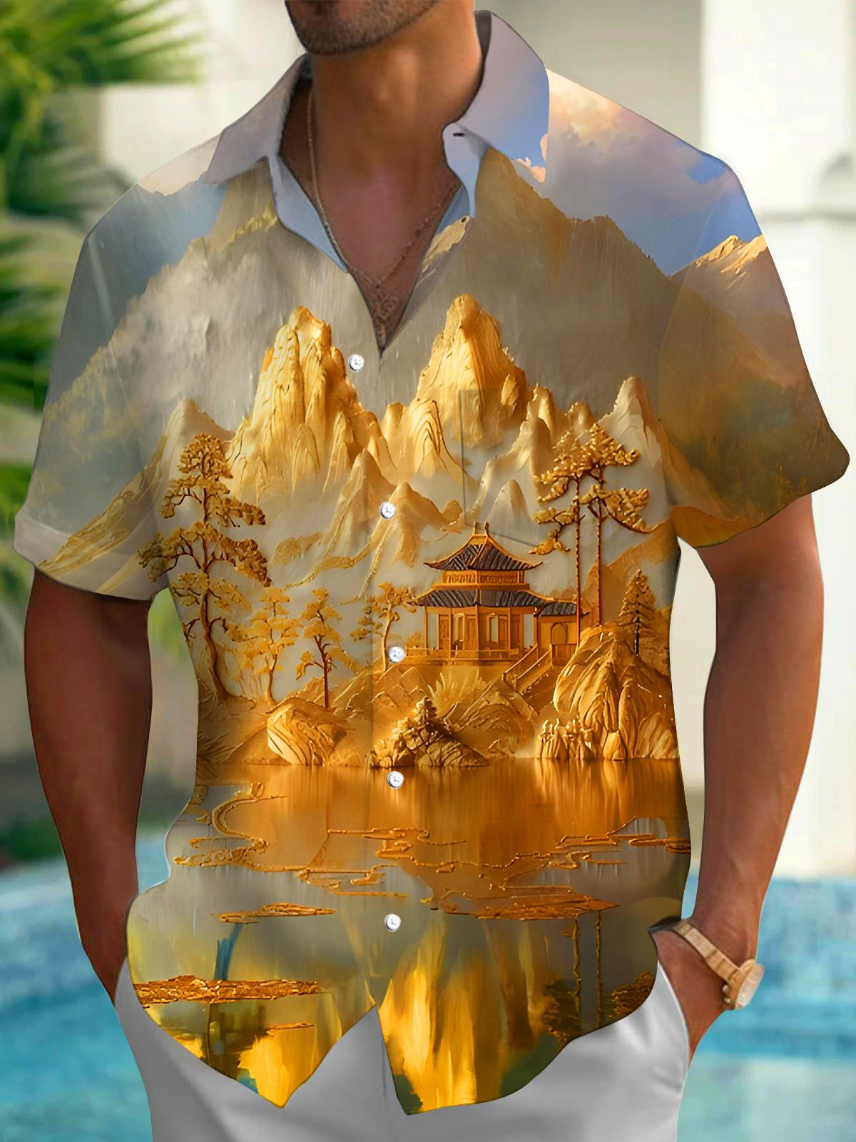 Golden Mountain Courtyard Tree Lake View Men's Pocket Short Sleeve Shirts
