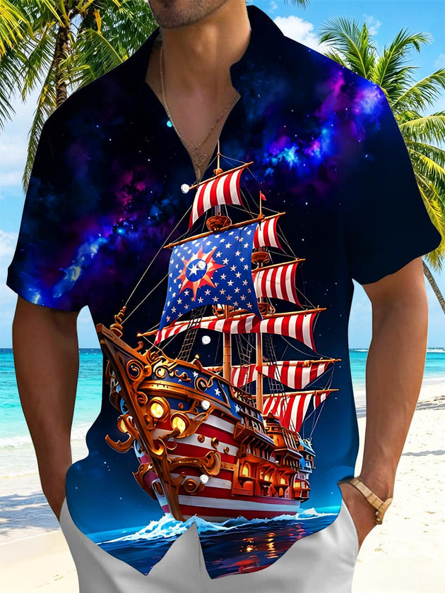 Independence Day Starry Sky American Pirate Ship Hawaiian Men's Pocket Short Sleeve Shirts