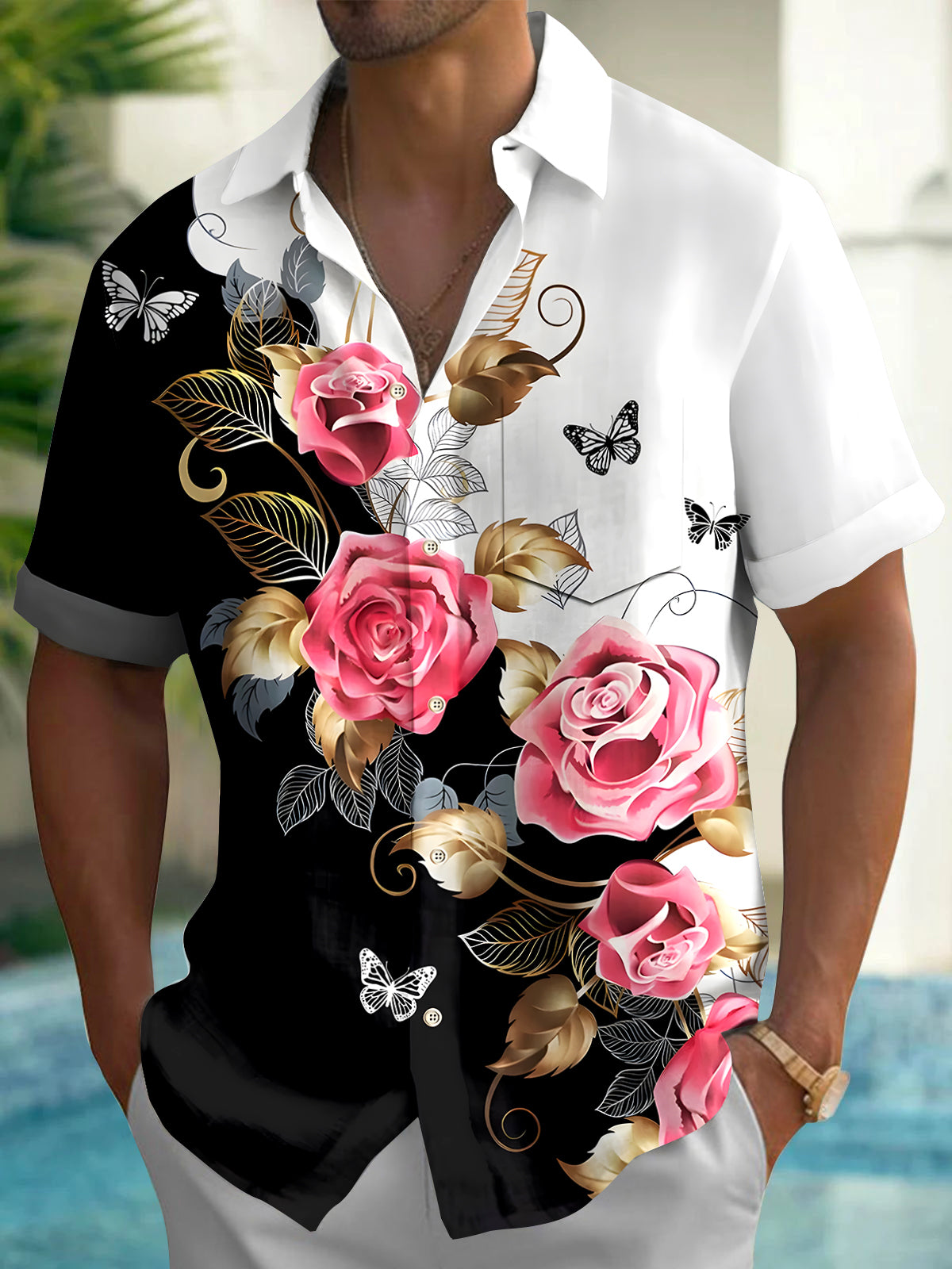 Floral Butterfly Leaf Men's Pocket Short Sleeve Shirts