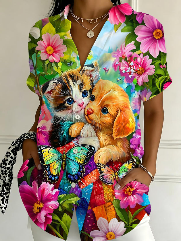 Funny Cute Cat Puppy Dog Daisy & Butterfly Floral Women's Short Sleeve Shirts